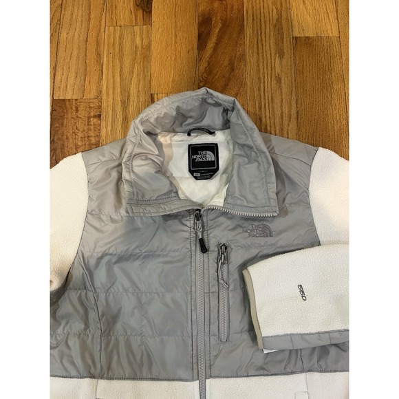 North Face Denali Fleece Jacket Womens S White Gray 550 Polartec Goose Down Zip‎ - Picture 1 of 11